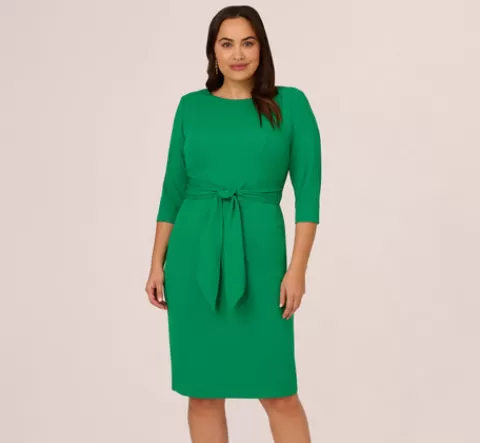 Adrianna Papell Plus Size Knit Crepe Bow Sheath Dress With Three Quarter Sleeves In Vivid Green VIVIDGREEN Clearance