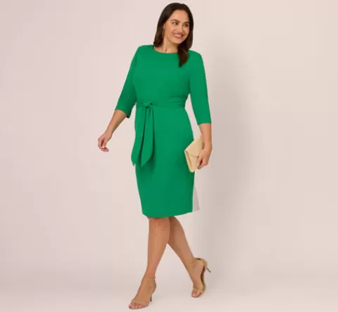 Adrianna Papell Plus Size Knit Crepe Bow Sheath Dress With Three Quarter Sleeves In Vivid Green VIVIDGREEN Clearance