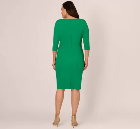Adrianna Papell Plus Size Knit Crepe Bow Sheath Dress With Three Quarter Sleeves In Vivid Green VIVIDGREEN Clearance