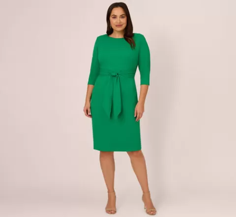 Adrianna Papell Plus Size Knit Crepe Bow Sheath Dress With Three Quarter Sleeves In Vivid Green VIVIDGREEN Clearance
