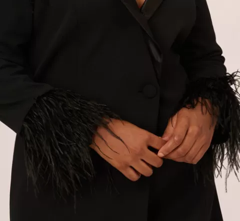 Adrianna Papell Plus Size Knit Crepe Long Sleeve Blazer Dress With Feather Trim In BLACK Hot