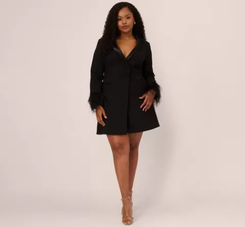 Adrianna Papell Plus Size Knit Crepe Long Sleeve Blazer Dress With Feather Trim In BLACK Hot