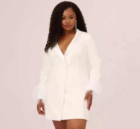 Adrianna Papell Plus Size Knit Crepe Long Sleeve Blazer Dress With Feather Trim In IVORY Cheap