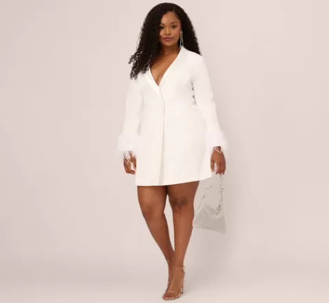 Adrianna Papell Plus Size Knit Crepe Long Sleeve Blazer Dress With Feather Trim In IVORY Cheap