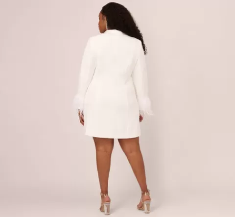 Adrianna Papell Plus Size Knit Crepe Long Sleeve Blazer Dress With Feather Trim In IVORY Cheap