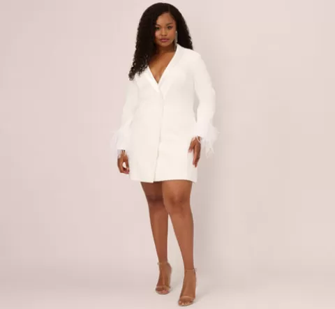 Adrianna Papell Plus Size Knit Crepe Long Sleeve Blazer Dress With Feather Trim In IVORY Cheap