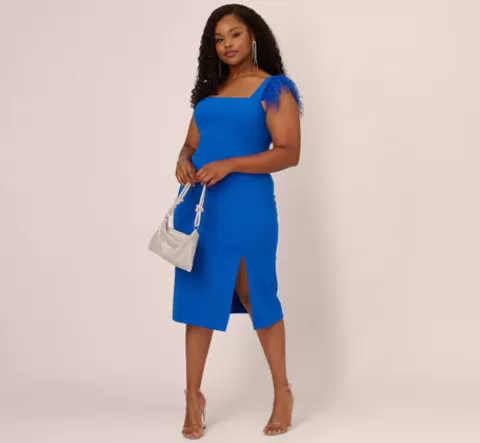 Adrianna Papell Plus Size Knit Crepe Midi Dress With Feather Shoulder Accents In Dark Cobalt DARKCOBALT Best