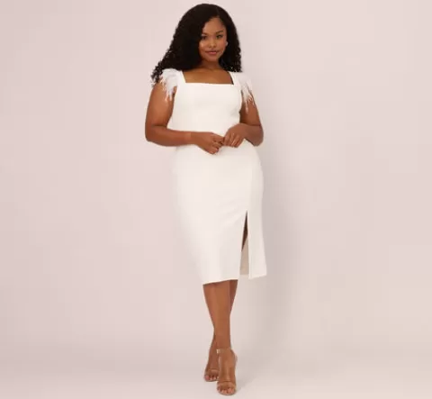 Adrianna Papell Plus Size Knit Crepe Midi Dress With Feather Shoulder Accents In IVORY Cheap