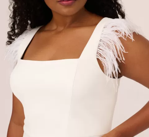 Adrianna Papell Plus Size Knit Crepe Midi Dress With Feather Shoulder Accents In IVORY Cheap