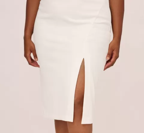 Adrianna Papell Plus Size Knit Crepe Midi Dress With Feather Shoulder Accents In IVORY Cheap