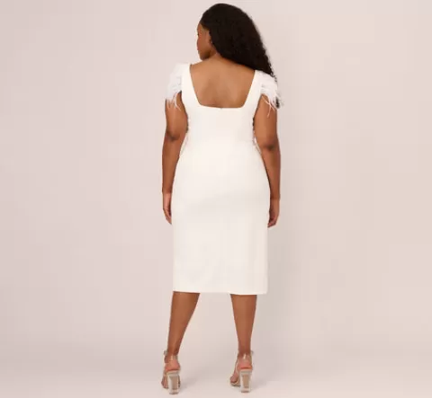 Adrianna Papell Plus Size Knit Crepe Midi Dress With Feather Shoulder Accents In IVORY Cheap