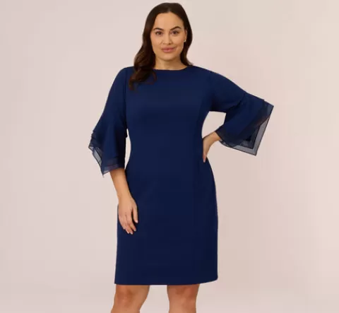 Adrianna Papell Plus Size Knit Crepe Sheath Dress With Tiered Three Quarter Sleeves In Navy Sateen NAVYSATEEN Flash Sale