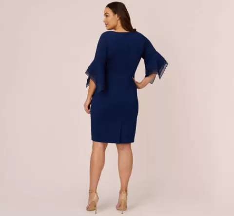 Adrianna Papell Plus Size Knit Crepe Sheath Dress With Tiered Three Quarter Sleeves In Navy Sateen NAVYSATEEN Flash Sale