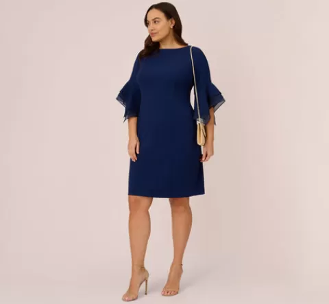 Adrianna Papell Plus Size Knit Crepe Sheath Dress With Tiered Three Quarter Sleeves In Navy Sateen NAVYSATEEN Flash Sale