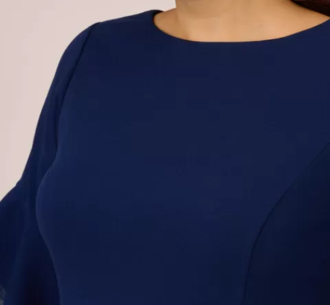Adrianna Papell Plus Size Knit Crepe Sheath Dress With Tiered Three Quarter Sleeves In Navy Sateen NAVYSATEEN Flash Sale