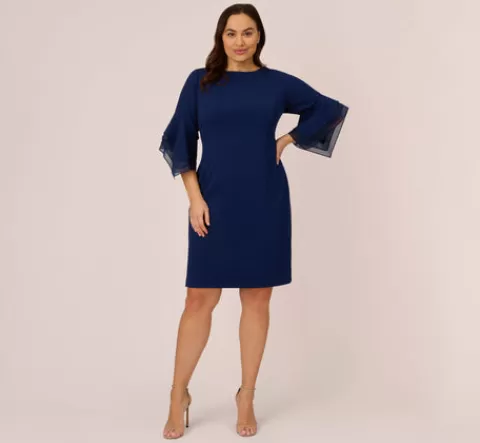 Adrianna Papell Plus Size Knit Crepe Sheath Dress With Tiered Three Quarter Sleeves In Navy Sateen NAVYSATEEN Flash Sale