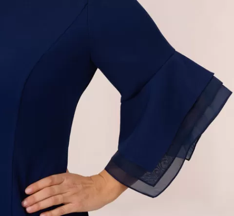 Adrianna Papell Plus Size Knit Crepe Sheath Dress With Tiered Three Quarter Sleeves In Navy Sateen NAVYSATEEN Flash Sale