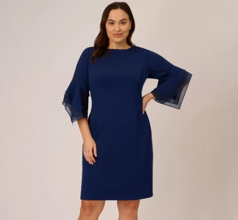 Adrianna Papell Plus Size Knit Crepe Sheath Dress With Tiered Three Quarter Sleeves In Navy Sateen NAVYSATEEN Flash Sale