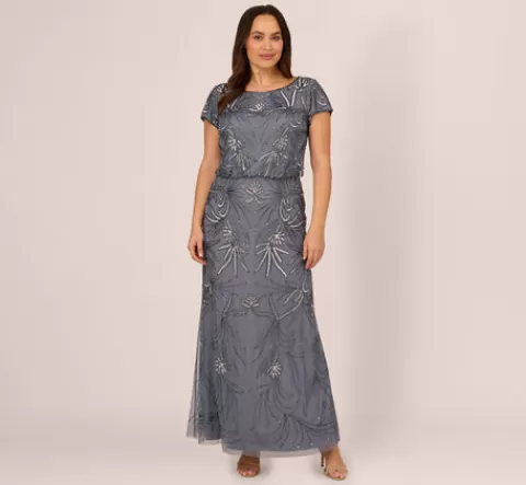Adrianna Papell Plus Size Long Beaded Blouson Dress In Dusty Blue DUSTYBLUE Best Sale