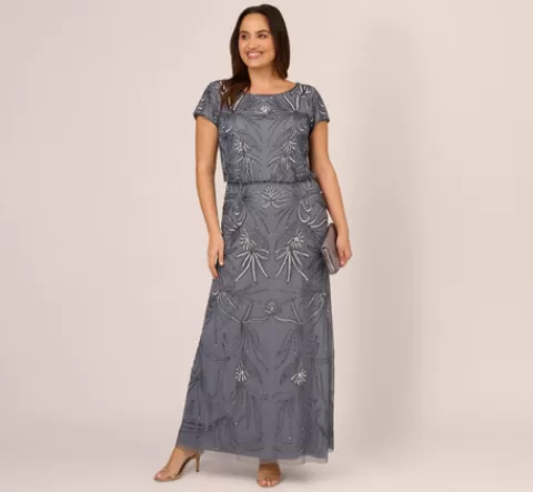 Adrianna Papell Plus Size Long Beaded Blouson Dress In Dusty Blue DUSTYBLUE Best Sale