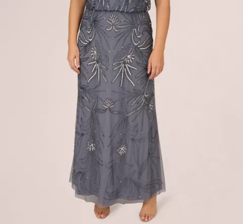 Adrianna Papell Plus Size Long Beaded Blouson Dress In Dusty Blue DUSTYBLUE Best Sale