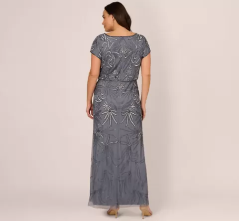 Adrianna Papell Plus Size Long Beaded Blouson Dress In Dusty Blue DUSTYBLUE Best Sale