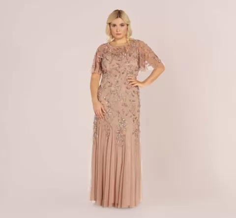 Adrianna Papell Plus Size Long Floral Beaded Gown With Flutter Sleeves In Rose Gold ROSEGOLD Shop