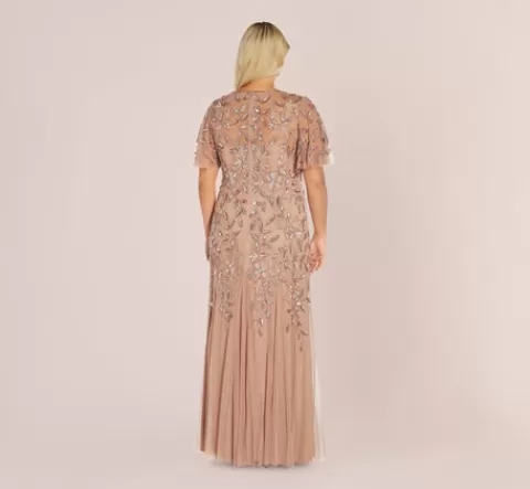 Adrianna Papell Plus Size Long Floral Beaded Gown With Flutter Sleeves In Rose Gold ROSEGOLD Shop
