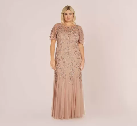 Adrianna Papell Plus Size Long Floral Beaded Gown With Flutter Sleeves In Rose Gold ROSEGOLD Shop