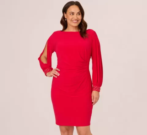 Adrianna Papell Plus Size Long Sleeve Draped Jersey Dress With Beaded Cuffs In Hot Ruby HOTRUBY Shop