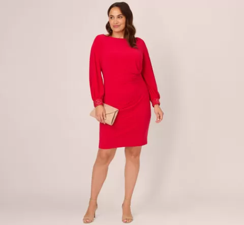 Adrianna Papell Plus Size Long Sleeve Draped Jersey Dress With Beaded Cuffs In Hot Ruby HOTRUBY Shop