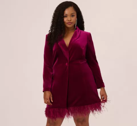 Adrianna Papell Plus Size Long Sleeve Velvet Tuxedo Dress With Feather Hem In MAGENTA Online