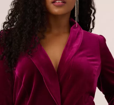 Adrianna Papell Plus Size Long Sleeve Velvet Tuxedo Dress With Feather Hem In MAGENTA Online