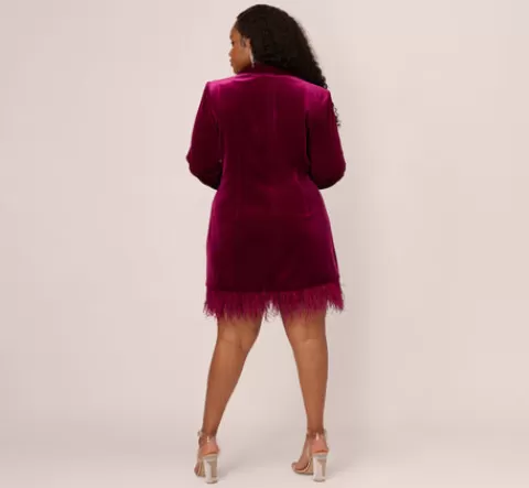Adrianna Papell Plus Size Long Sleeve Velvet Tuxedo Dress With Feather Hem In MAGENTA Online