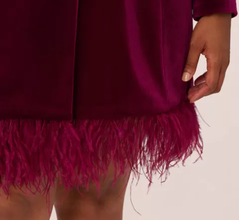 Adrianna Papell Plus Size Long Sleeve Velvet Tuxedo Dress With Feather Hem In MAGENTA Online