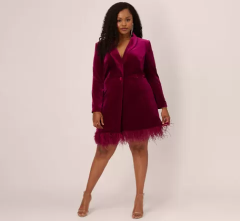 Adrianna Papell Plus Size Long Sleeve Velvet Tuxedo Dress With Feather Hem In MAGENTA Online