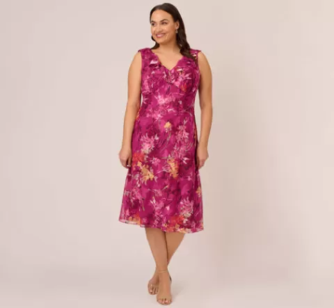 Adrianna Papell Plus Size Metallic Floral Chiffon Midi Dress With Ruffled Neckline In Raspberry Multi RASPBERRYMULTI Shop
