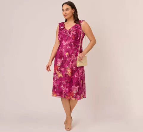Adrianna Papell Plus Size Metallic Floral Chiffon Midi Dress With Ruffled Neckline In Raspberry Multi RASPBERRYMULTI Shop