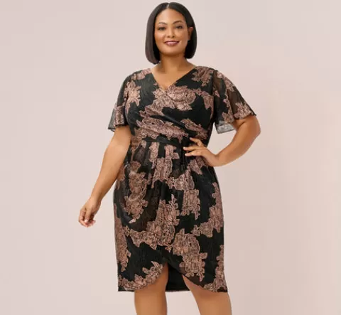 Adrianna Papell Plus Size Metallic Foil Crinkled Mesh Midi-Length Wrap Dress In Rose Gold Black ROSEGOLD-BLACK Store