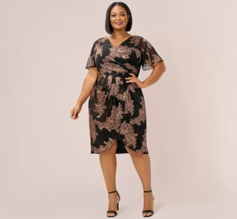 Adrianna Papell Plus Size Metallic Foil Crinkled Mesh Midi-Length Wrap Dress In Rose Gold Black ROSEGOLD-BLACK Store
