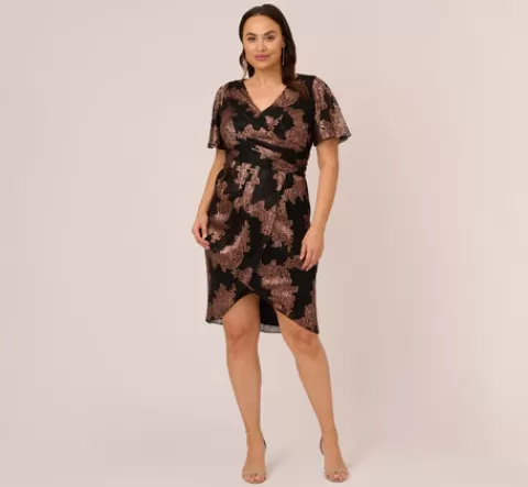 Adrianna Papell Plus Size Metallic Foil Crinkled Mesh Midi-Length Wrap Dress In Rose Gold Black ROSEGOLD-BLACK Store