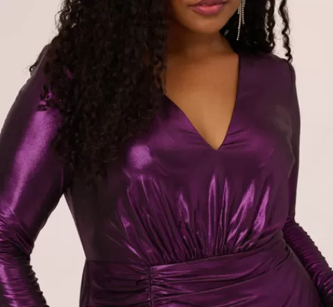 Adrianna Papell Plus Size Metallic Knit Long Sleeve Asymmetrical Dress With Ruched Details In Wild Orchid WILDORCHID Best Sale