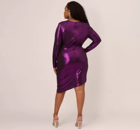 Adrianna Papell Plus Size Metallic Knit Long Sleeve Asymmetrical Dress With Ruched Details In Wild Orchid WILDORCHID Best Sale