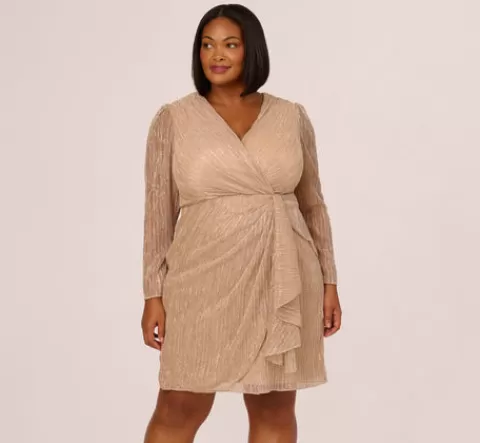Adrianna Papell Plus Size Metallic Long Sleeve Dress With Draped Details In Light Gold LIGHTGOLD Fashion