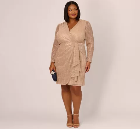 Adrianna Papell Plus Size Metallic Long Sleeve Dress With Draped Details In Light Gold LIGHTGOLD Fashion