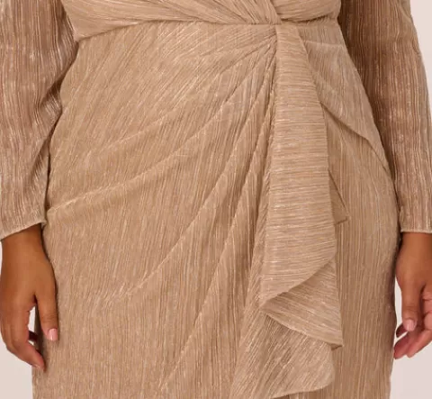 Adrianna Papell Plus Size Metallic Long Sleeve Dress With Draped Details In Light Gold LIGHTGOLD Fashion