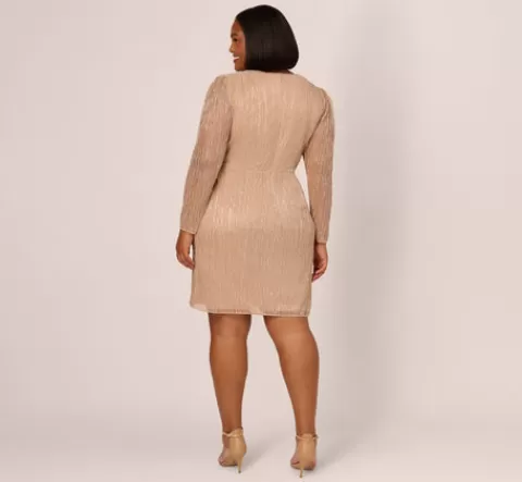 Adrianna Papell Plus Size Metallic Long Sleeve Dress With Draped Details In Light Gold LIGHTGOLD Fashion