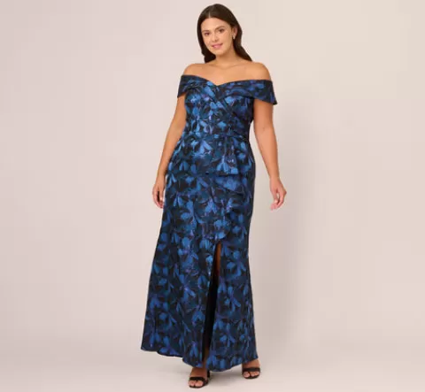 Adrianna Papell Plus Size Off Shoulder Jacquard Gown In Blue Multi BLUEMULTI Flash Sale