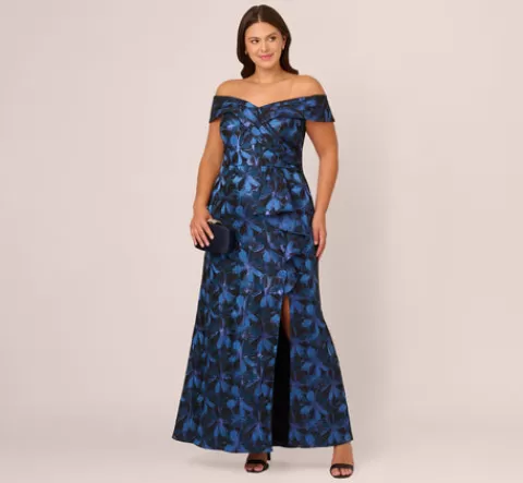 Adrianna Papell Plus Size Off Shoulder Jacquard Gown In Blue Multi BLUEMULTI Flash Sale