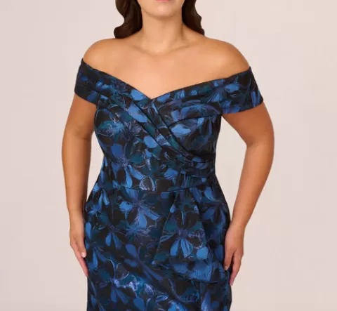 Adrianna Papell Plus Size Off Shoulder Jacquard Gown In Blue Multi BLUEMULTI Flash Sale